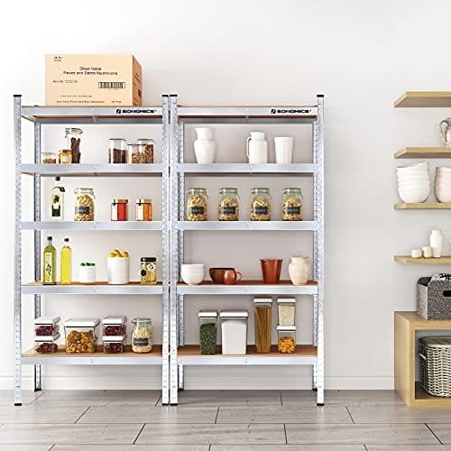 Songmics 5-lags hyldeenhed, stålhylder til opbevaring, værktøjsfri samling, til garage, skur, belastningskapacitet 875 kg, 40 x 90 x 180 cm, sølv GLR40SV