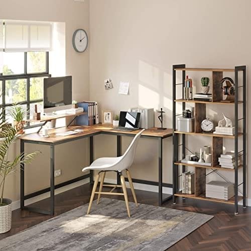 Vasagle L-formet skrivebord med skærmstativ til studier, spil, arbejde, rumbesparende, justerbare ben, metalramme, let samling, rustik brun LWD56X 140 x 130 x 76/91,5 cm