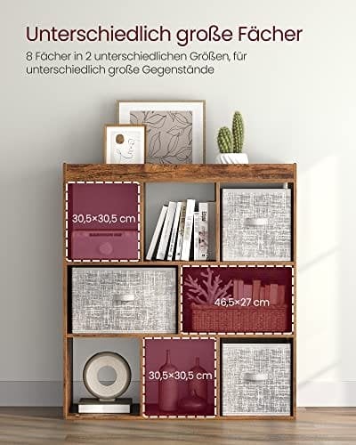 Vasagle -boghylde, træbokse med åbne cubbies, fritstående opbevaringsenhed til stue, soveværelse, børns værelse, 97,5 x 30 x 100 cm, rustik brun LBC52BX
