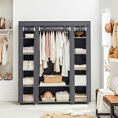 Songmics Portable Garderobe, Foldbart Closet, Tøjopbevaringsarrangør med hængende jernbane, hylder, stofafdækning, til soveværelse, cloakroom, 150 x 45 x 175 cm, grå LSF03G