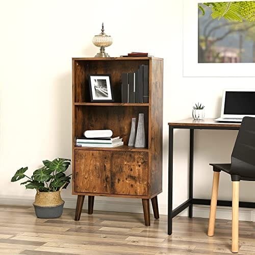 Vasagle retro reol, 2-lags boghylde med døre, opbevaringsskab til bøger, fotos, dekorationer, i stuen, kontor, bibliotek, moderne stil i midten af århundrede, brun ulbc09bx