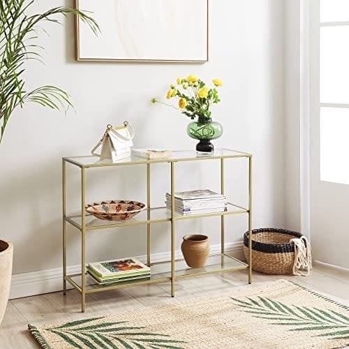 Vasagle -konsolbord, sofabord med 3 hylder, tempereret glashylde, 100 x 30 x 73 cm, metalramme, moderne, til hallway stue soveværelse, guldfarve LGT27G