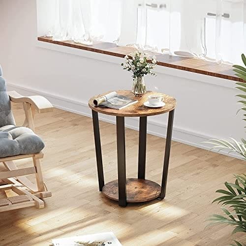 Vasagle -sidebord, rund slutbord med stålramme, til stue, soveværelse, enkel samling, industriel, rustik brun og sort Let57x
