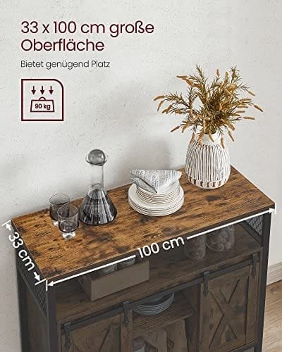 Vasagle spisestue, køkkenskab, opbevaringsskab, buffetbord med glidende stalddøre, justerbar hylde, industriel, til stue, rustik brun og sort LSC092B01