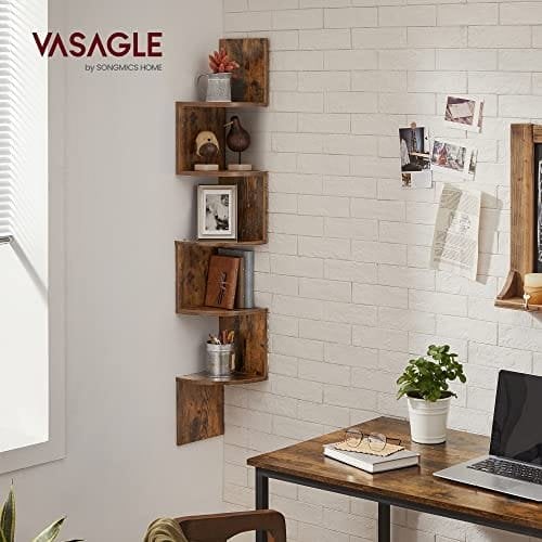 Vasagle LBC20BX hjørnehylde, væg hylde, 5 lag, zigzag flydende hylde, reol til køkken, soveværelse, stue, kontor, rustik brun