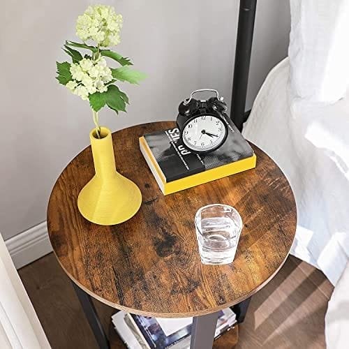 Vasagle -sidebord, rund slutbord med stålramme, til stue, soveværelse, enkel samling, industriel, rustik brun og sort Let57x