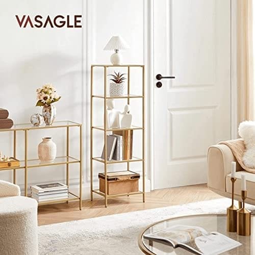 Vasagle Shelf Unit, 5-lags stigehyldeenhed, slank glashylde til soveværelse, badeværelse, hjemmekontor, tempereret glas, stålramme, guldfarve LGT029A01