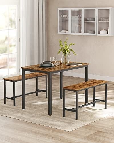 Vasagle spisebord med 2 bænke, 3 stykker sæt, køkkenbord på 110 x 70 x 75 cm, 2 bænke på 97 x 30 x 50 cm hver, stålramme, industriel design, rustik brun og sort KDT070B01