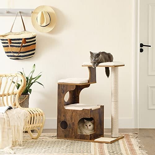Feandrea 86 cm kattetræ, medium kattårnet med 3 senge og hule, katte condo lavet af MDF med træfinér, sisal post og vaskbar faux pels, vintage, rustik brun og hvid PCT70HW