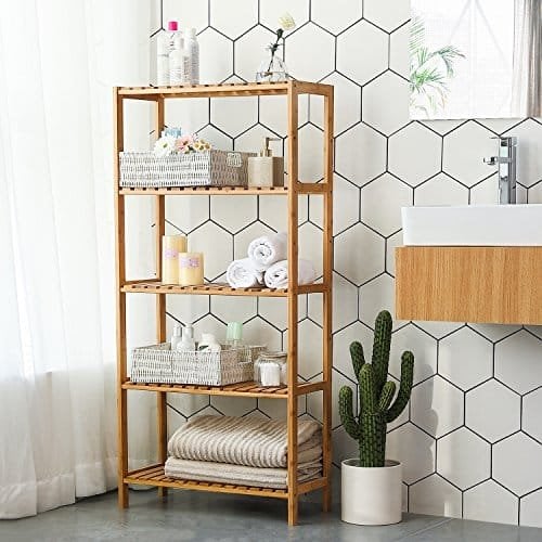 Songmics BCB35Y Badeværelse Køkkenopbevaring Bambus 5 Hylder Justerbar gulvhøjde Blomsterstand Boghylde Naturlig, 60 x 26 x 130 cm