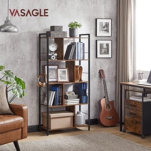 Vasagle bogreol, boghylde, 5-lags stuehyldeenhed, industriel opbevaringshylde med åbne rum til hjemmekontor, soveværelse, industriel stil, rustik brun og sort LBC121B01