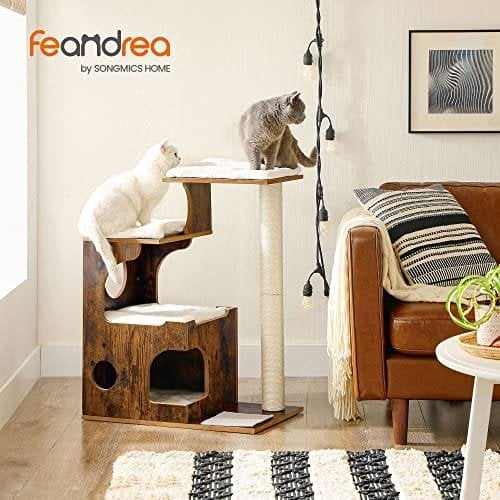 Feandrea 86 cm kattetræ, medium kattårnet med 3 senge og hule, katte condo lavet af MDF med træfinér, sisal post og vaskbar faux pels, vintage, rustik brun og hvid PCT70HW