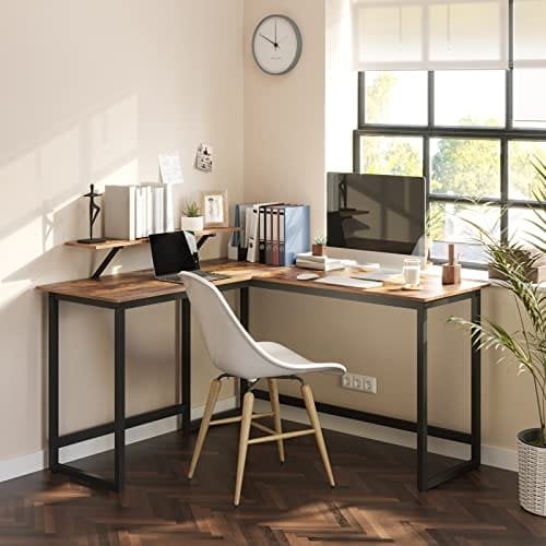 Vasagle L-formet skrivebord med skærmstativ til studier, spil, arbejde, rumbesparende, justerbare ben, metalramme, let samling, rustik brun LWD56X 140 x 130 x 76/91,5 cm