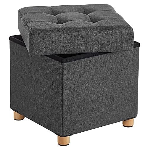Songmics Collapsible Cube Ottoman förvaring och fotpall med träfötter och locket Grå
