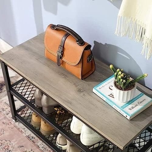 Vasagle skobænk, skostativ med 2 hylder, skoarrangør, 73 x 30 x 45 cm, indgangsstuehallen, stålstruktur, industriel stil, Greige og Black LBS73MB
