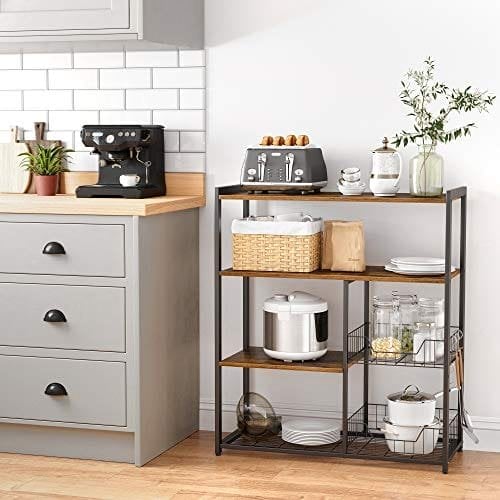 Vasagle Baker's Rack, Kitchen Island med 2 metalnetkurve, hylder og kroge, 80 x 35 x 95 cm, industriel stil, rustik brun KKS96X
