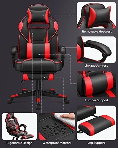 Songmics Racing Gaming Chair, Justerbar kontorstol med fodstøtte, ergonomisk design, vippemekanisme, nakkestøtte, lumbale support, 150 kg vægtkapacitet, sort og rød OBG73BRV1
