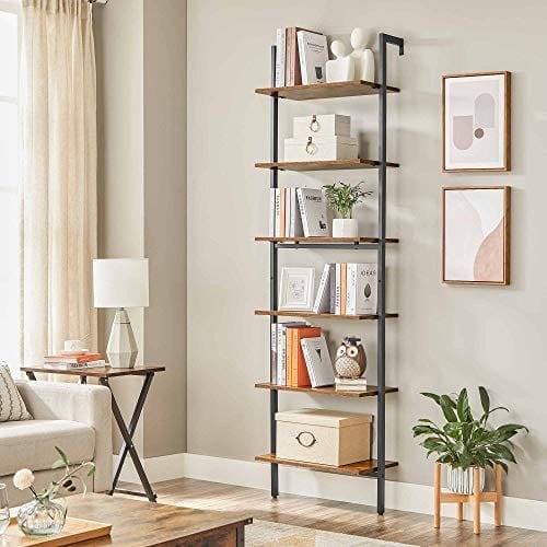 Vasagle Ladder hylde, 6-lags boghylde, væghylde til stue, kontor, køkken, soveværelse, 60 x 30 x 204,8 cm, industriel, rustik brun og sort LLS103B01