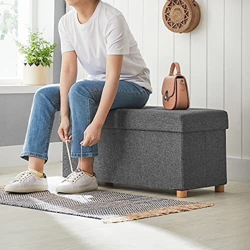 Songmics Storage Ottoman, polstret sammenfoldelig bænk, bryst med låg, massivt træfødder, rumbesparende, 65L kapacitet, holder op til 300 kg, til soveværelse, gang, børns værelse, mørkegrå LSF16gyz