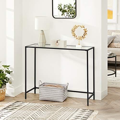 Vasagle -konsolbord, tempereret glasbord, moderne sofa eller indgangsbord, metalramme, justerbare fødder, til stuen, gangen, sort LGT026B01