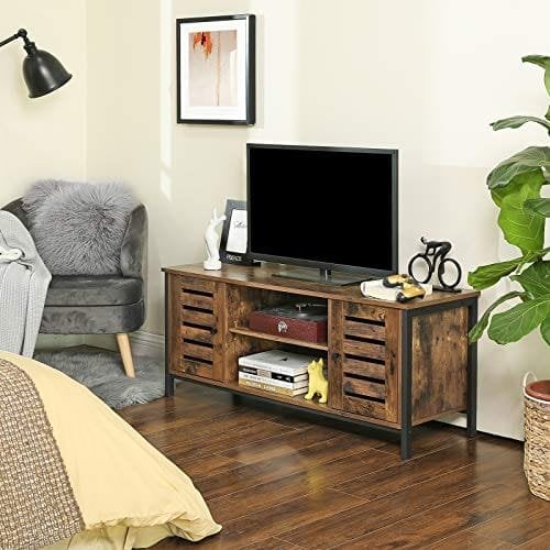 Vasagle TV Stand, TV Console Unit med hylder, skab med opbevaring, Louvred Doors, til stue, underholdningsrum, rustik brun og sort LTV43BX