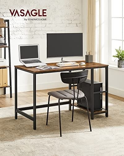 Vasagle Computer Desk, Writing Desk med 2 hylder på venstre eller højre, arbejdsbord til kontorstue, stålramme, industriel, rustik brun og sort LWD47X