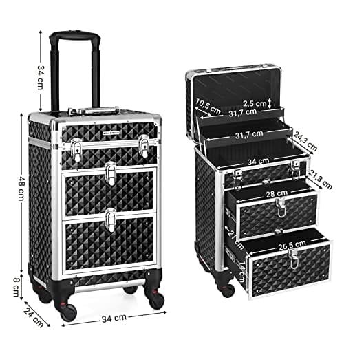 Songmics Lockable Makeup Case, Rolling Cosmetics Beauty Trolley Box, til professionel makeupartist, skønhedsstudio, negletekniker, ABS, aluminium, 34 x 27 x 57 cm, sort JHZ08BK