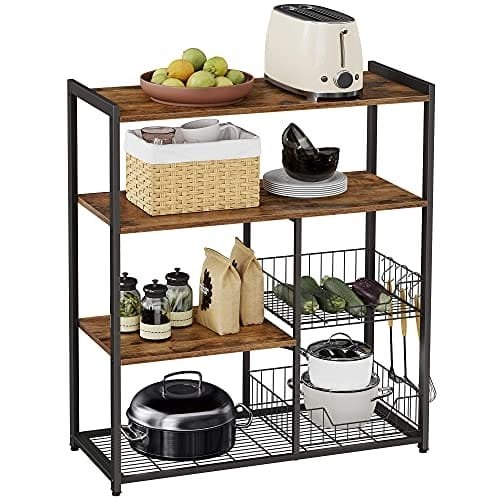 Vasagle Baker's Rack, Kitchen Island med 2 metalnetkurve, hylder og kroge, 80 x 35 x 95 cm, industriel stil, rustik brun KKS96X