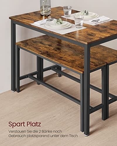 Vasagle spisebord med 2 bænke, 3 stykker sæt, køkkenbord på 110 x 70 x 75 cm, 2 bænke på 97 x 30 x 50 cm hver, stålramme, industriel design, rustik brun og sort KDT070B01