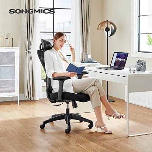SONGMICS kontorsstol, ergonomisk skrivbordsstol, datorstol, meshstol, svart
