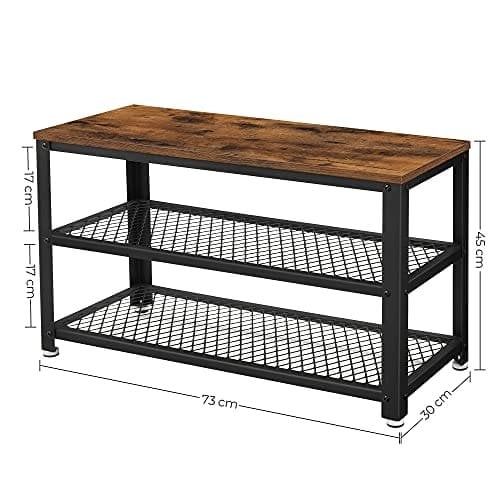 Vasagle skobænk, skostativ med 2 hylder, skoarrangør, 73 x 30 x 45 cm, indgangsstuehallen, stålstruktur, industriel stil, rustik brun og sort LBS73X