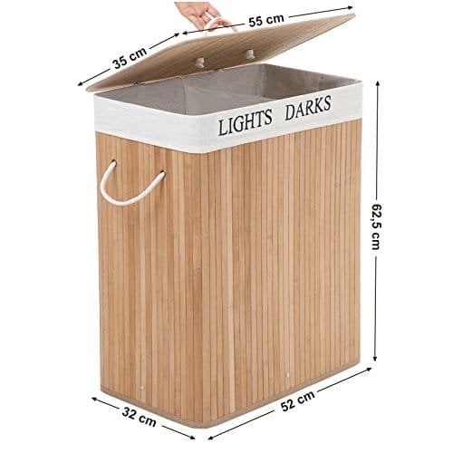 Songmics 100L (62,5 x 52 x 32 cm) Pyykkikori Bambu taitettava pyykkilaatikko, Bambu, luonnollinen