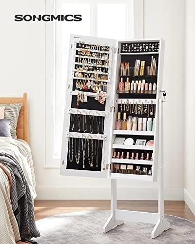 Songmics Jewelry Cabinet Armoire, fritstående låsbar opbevaringsarrangørenhed med 2 plastkosmetisk opbevaring, rammeløst spejl i fuld længde, til halskædeørering, hvid ujjc002w01