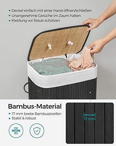 Songmics bambusvaskeri, 72L sammenfoldelig vaskeri, rektangulær opbevaring hæmmer med 3 håndtag, 40 x 30 x 60 cm, sort LCB10b