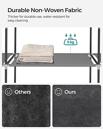 Songmics Portable Garderobe, Foldbart Closet, Tøjopbevaringsarrangør med hængende jernbane, hylder, stofafdækning, til soveværelse, cloakroom, 150 x 45 x 175 cm, grå LSF03G