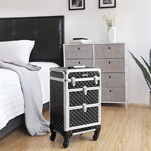 Songmics Lockable Makeup Case, Rolling Cosmetics Beauty Trolley Box, til professionel makeupartist, skønhedsstudio, negletekniker, ABS, aluminium, 34 x 27 x 57 cm, sort JHZ08BK