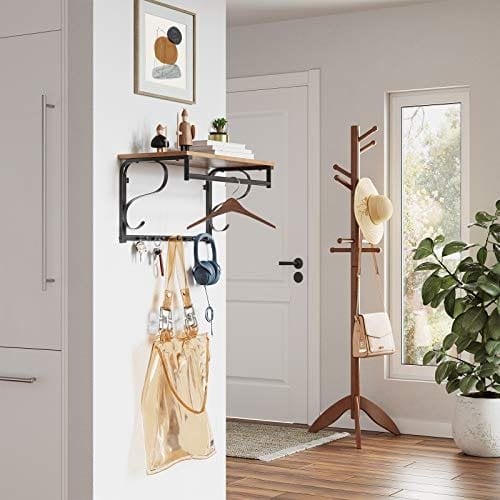 Vasagle industriel frakke rack hylde vægmonteret, krog rack hylde med 5 kroge og hængende jernbane til indgang, hallway, badeværelse, stue, rustik brun, sort LCR11BX