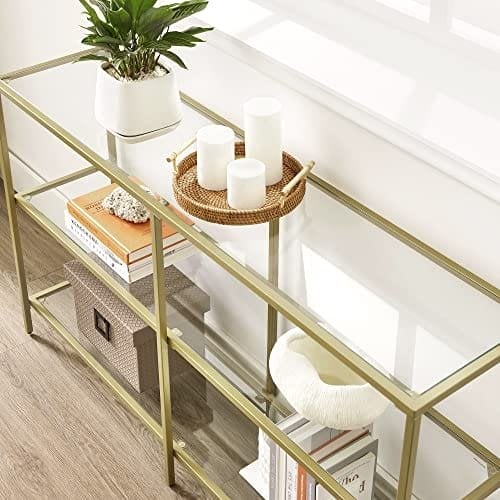 Vasagle -konsolbord, sofabord med 3 hylder, hærdet glashylde, 130 x 30 x 73,3 cm, metalramme, moderne, til hallway stue soveværelse, guldfarve LGT024A01