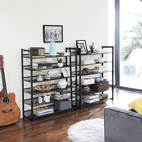Songmics 12-lags sko rack, sæt med 2 stable 6-lags skoarrangører, 48-60 par sko, stor kapacitet, metal mesh sko hylde opbevaring, justerbar flad eller vinklet hylder, sort LMR12B