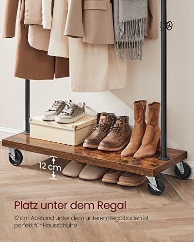 Vasagle tøjskinne til soveværelse, kraftigt tøjstativ, industrielt rørrullende tøjstativ med hylde, topskinne max. Last 90 kg, vaskerum, detailbutik, rustik brun og sort HSR65BXV1