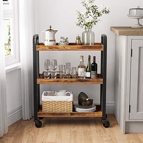 Cowjag of Industrial Style Service, Kitchen Cart, Space Saving, med justerbare fødder og hjul, køkkenhylde, stålstruktur, 66 x 26 x 85 cm, rustik brun LRC66BX