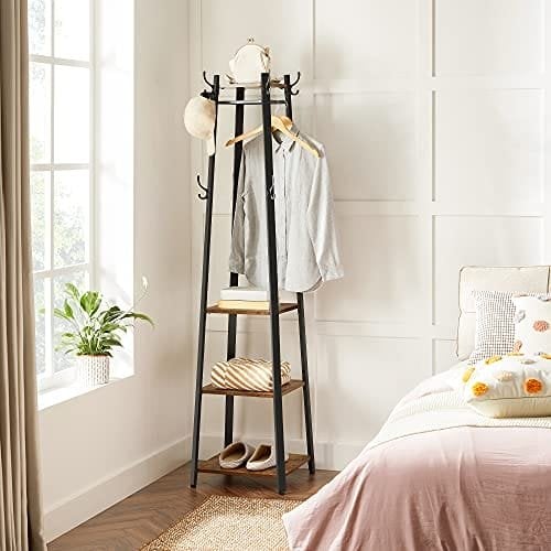 Vasagle frakke rack, frakke står med 3 hylder, stige hylde med kroge til tørklæder, tasker og paraplyer, stålramme, industriel stil, rustik brun og sort LCR80X