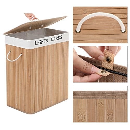 Songmics 100L (62,5 x 52 x 32 cm) Pyykkikori Bambu taitettava pyykkilaatikko, Bambu, luonnollinen
