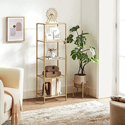 Vasagle Shelf Unit, 5-lags stigehyldeenhed, slank glashylde til soveværelse, badeværelse, hjemmekontor, tempereret glas, stålramme, guldfarve LGT029A01