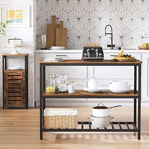 Vasagle Baker's Rack, Kitchen Island med stor bordplade, stabil stålstruktur, 120 x 60 x 90 cm, industriel køkkenhylde, let at samle, rustik brun og sort KKI01BX