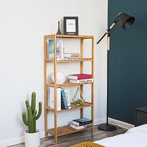 Songmics BCB35Y Badeværelse Køkkenopbevaring Bambus 5 Hylder Justerbar gulvhøjde Blomsterstand Boghylde Naturlig, 60 x 26 x 130 cm
