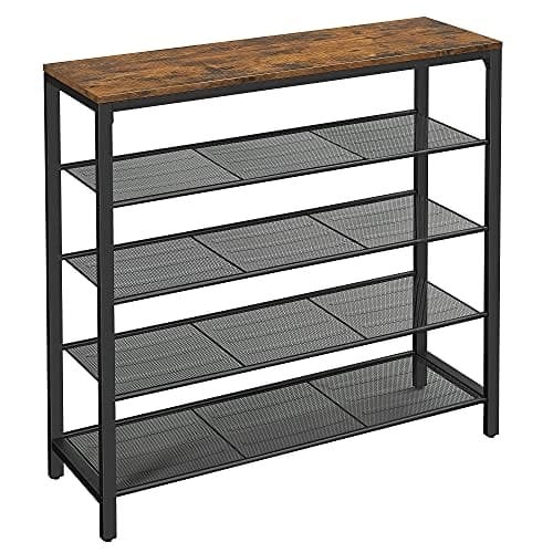 Vasagle sko rack, skoopbevaringsarrangør med 4 meshhylder og stor overflade til poser, skohylde til indgang, hall, skab, stålramme, industriel, rustik brun og sort lbs15bx Vasagle sko rack, skoopbevaringsarrangør med 4 meshhylder og stor overflade til poser, skohylde til indgang, hall, skab, stålramme, industriel, rustik brun og sort lbs15bx