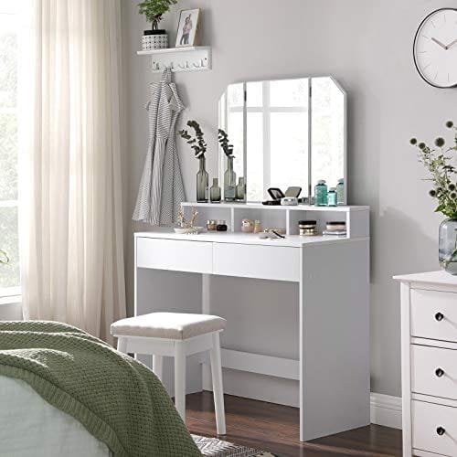 Vasagle-omklædningsbord med tri-fold spejl, makeup-bord med 2 skuffer og 3 åbne rum, forfængelighedsbord, moderne stil, hvid RDT115W01