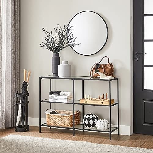 Vasagle -konsolbord, sofabord med 3 hylder, tempereret glashylde, 30 x 100 x 73 cm, stålramme, moderne, til hallway stue soveværelse, sort LGT027B01