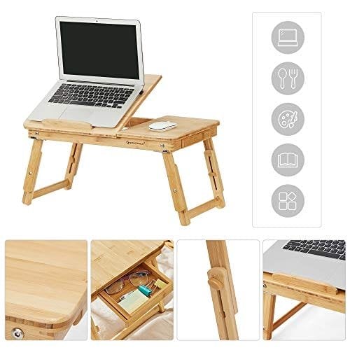 Songmics Bambus Lap Desk, bærbar bord, morgenmadsbakke med 5 justerbare vippevinkler, lille skuffe, naturlig LLD01N